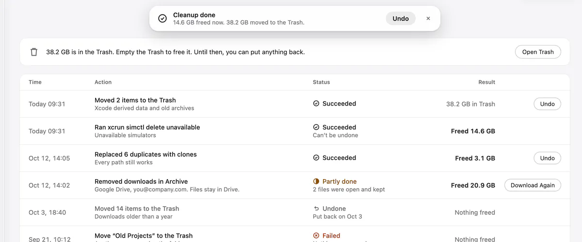 Activity log with an Undo note