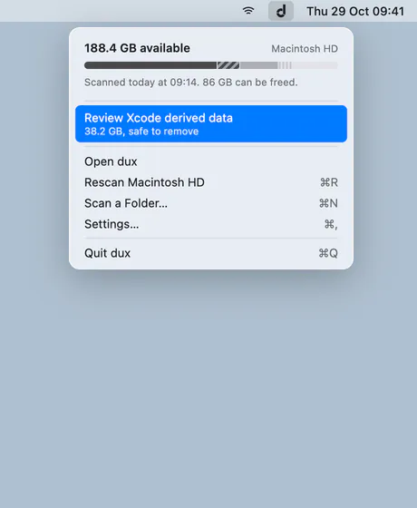 The dux menu bar extra: 188.4 GB available, the top suggestion and the menu commands